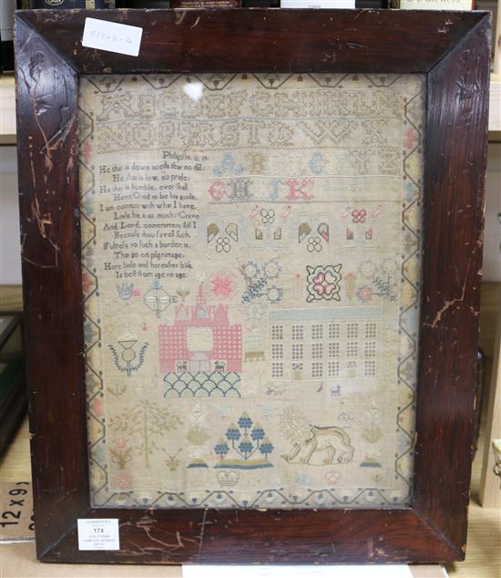 An early 19th century needlework sampler with alphabet, houses, lion, flowers and other motifs, dated 1805, 41 x 31.5cm